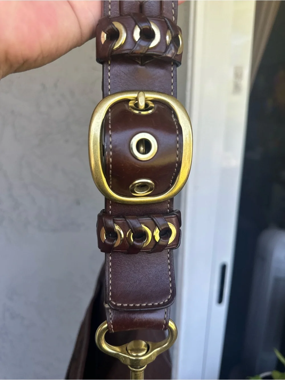 Coach Brown and Tan Signature Messenger Bag with Brass Buckle
